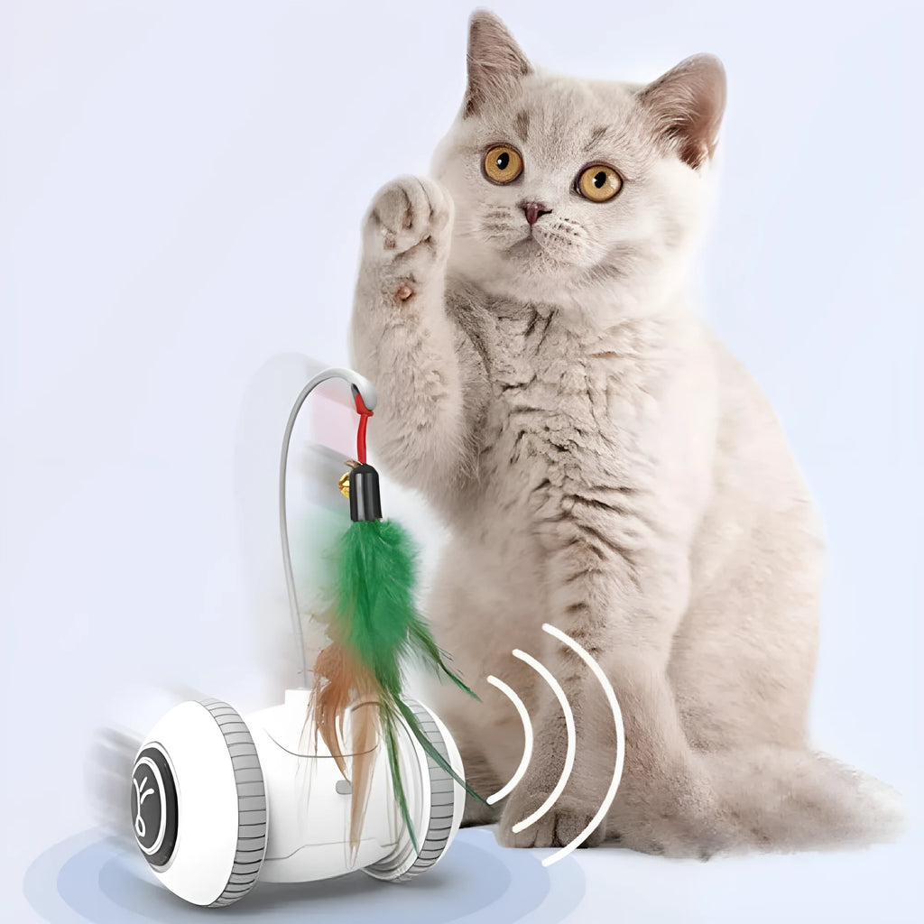 Interactive cat toy with interchangeable heads, white grey, USB powered, 11.5x7x18cm