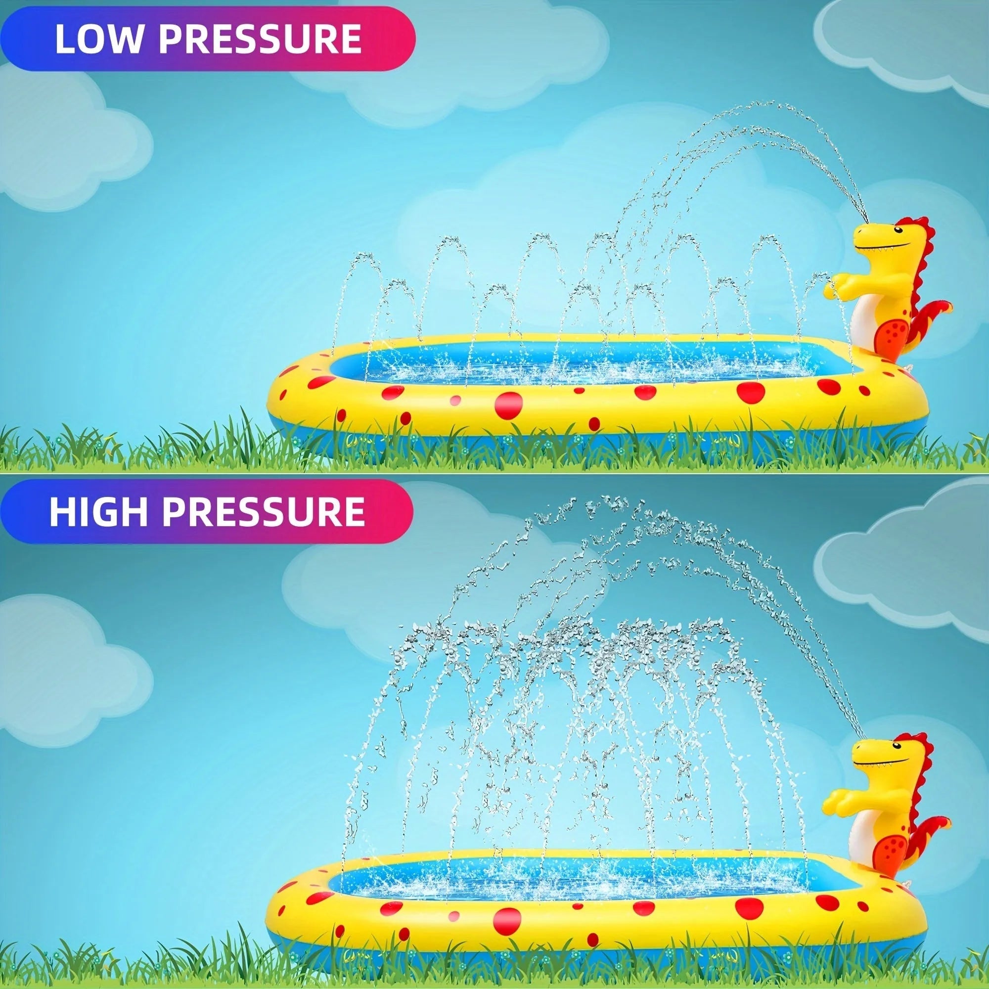 Blue dinosaur-themed water spray pool with shark toy measuring 170cm long for garden play