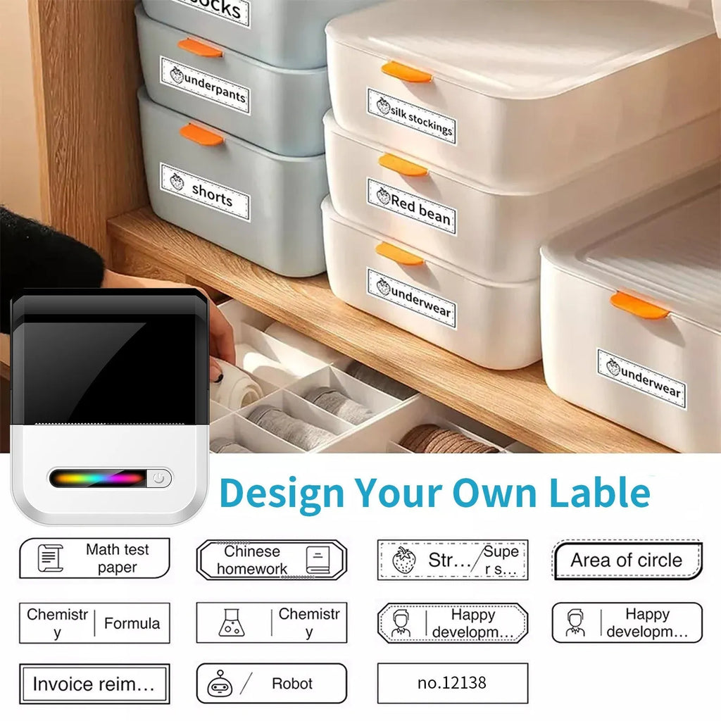 Compact portable wireless Bluetooth thermal printer for self-adhesive labels in Black on a desk