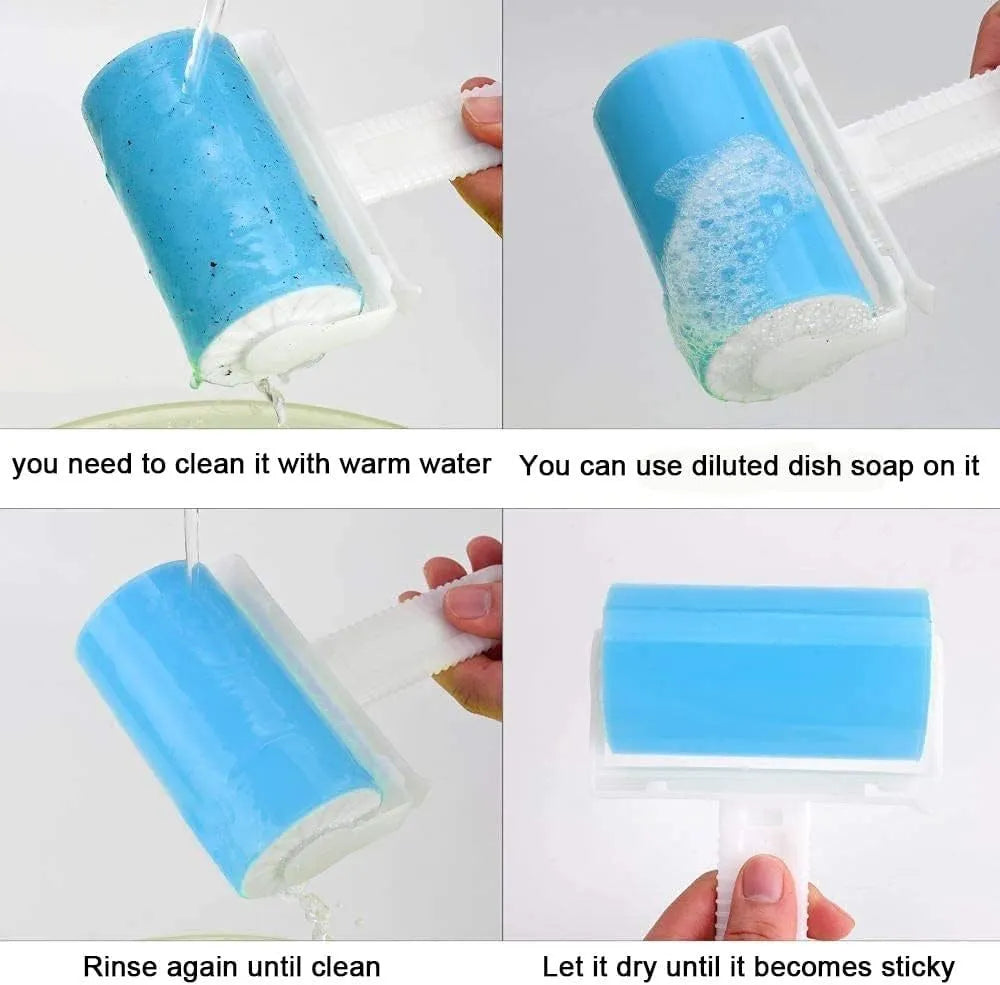 Washable reusable lint roller for pet hair removal in blue, green, pink and yellow colours with protective cover