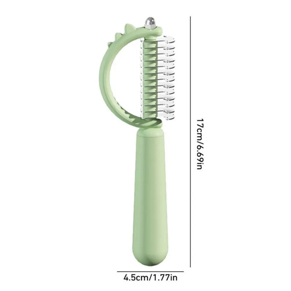 Blue dinosaur-shaped cat brush with self-cleaning feature and double-sided grooming heads