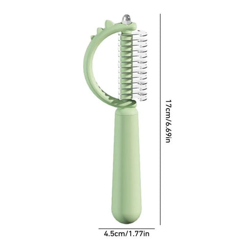 Blue dinosaur-shaped cat brush with self-cleaning feature and double-sided grooming heads