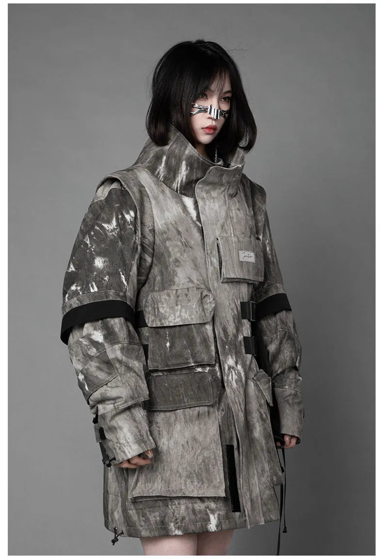 Loose fit camouflage jacket in grey, standing collar, long sleeves, multi pockets, polyester fabric