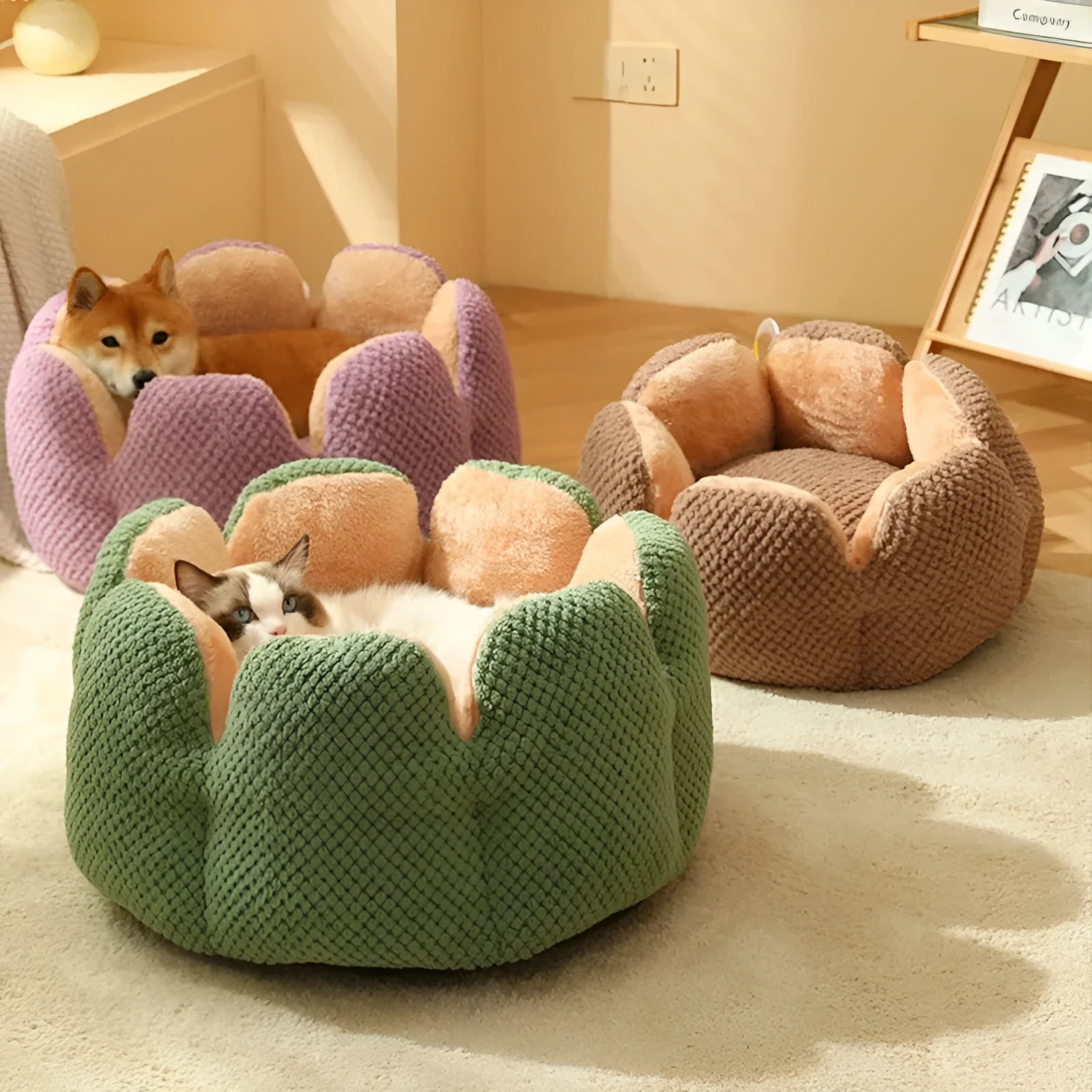 Green cactus petal shaped enclosed soft plush bed for a cat or small dog on a hardwood floor.