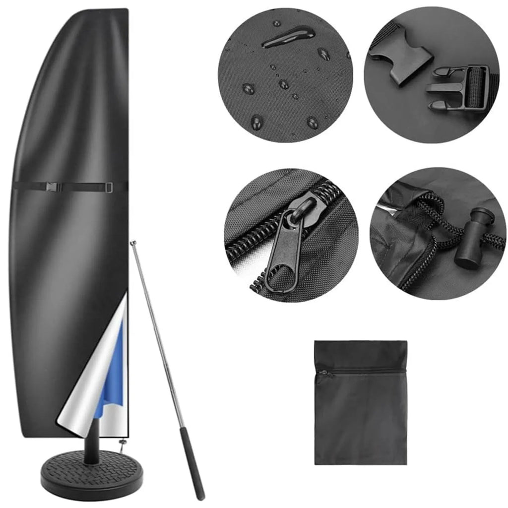 Waterproof grey oxford cloth cover for a banana-shaped outdoor patio umbrella.