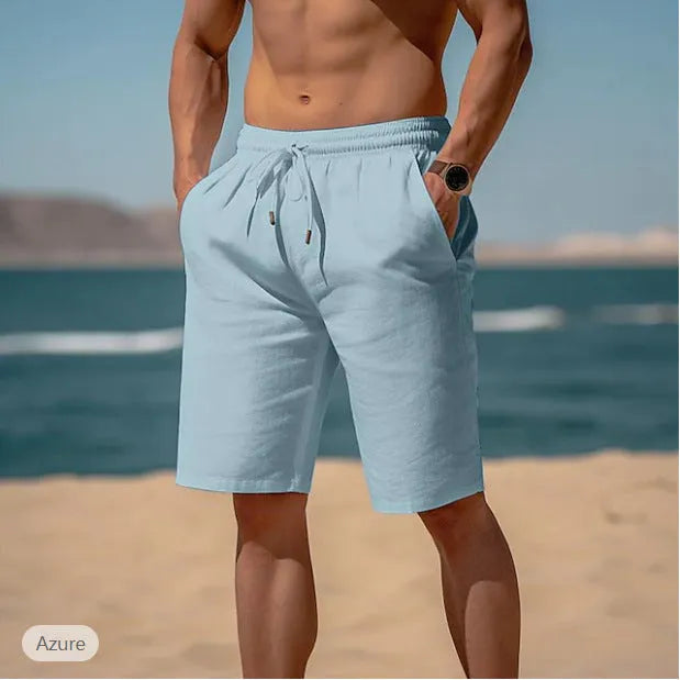Men's cotton linen drawstring summer shorts with elastic waist and straight leg in solid colour