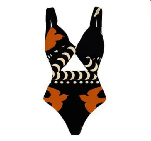 Women's black and yellow one-piece swimsuit with bird print, slit, and one-shoulder style options.