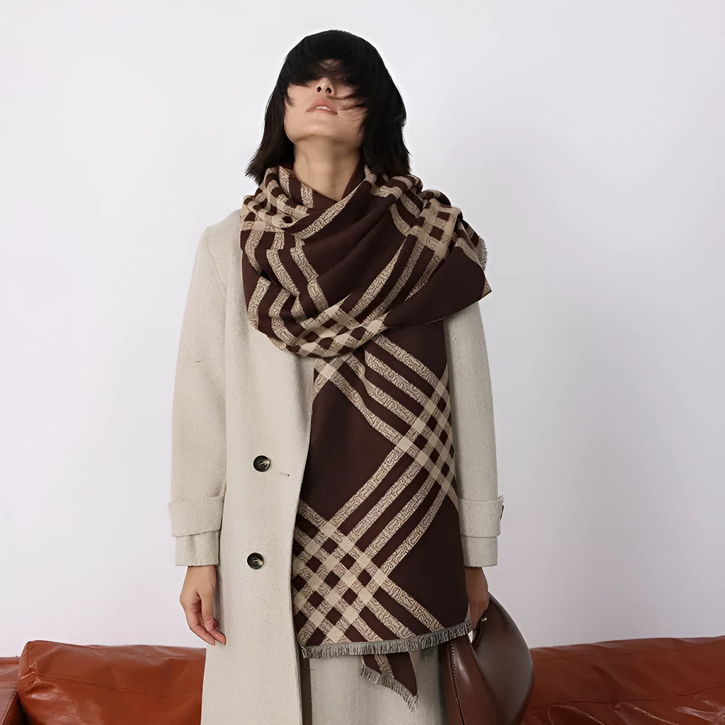 Imitation cashmere scarf with tassels in four colour options on mannequin