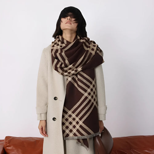 Imitation cashmere scarf with tassels in four colour options on mannequin