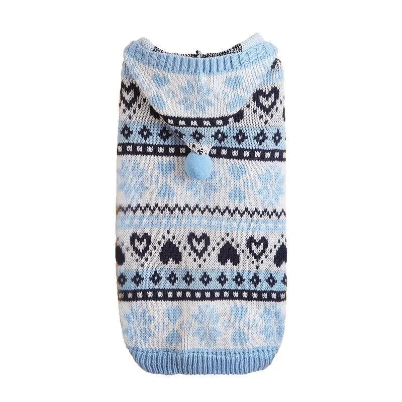 Acrylic knitted dog jumper with snowflake love stripe camouflage pattern in blue pink grey colour options