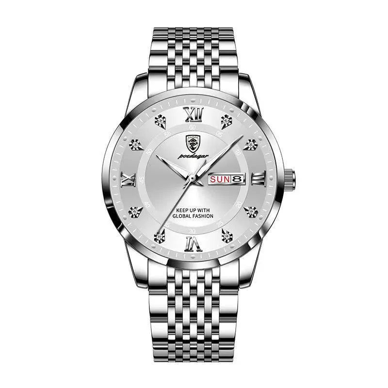 Men's quartz watch with 43mm round dial, sapphire crystal, stainless steel strap, blue face, luminous hands and calendar display