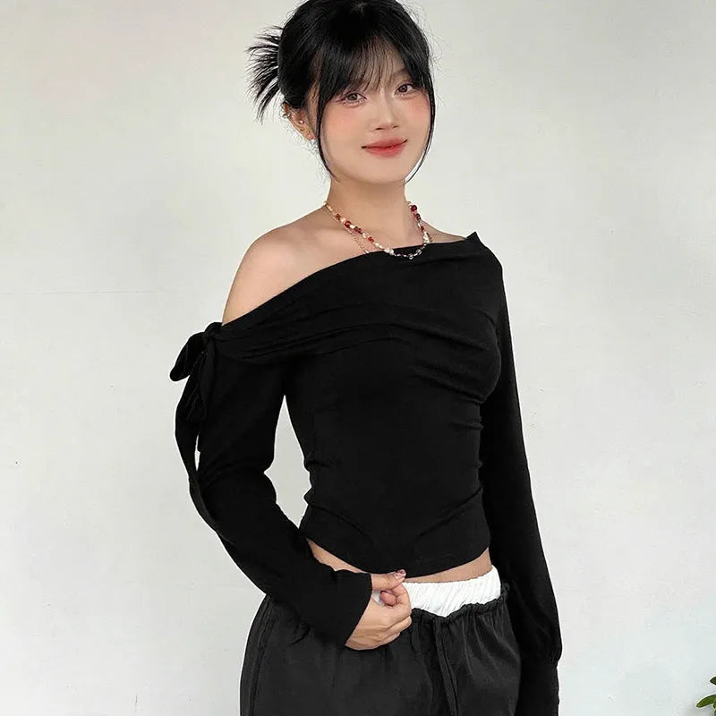 Women's pleated one-shoulder twisted knot tie asymmetric long sleeve T-shirt solid colour slim fit