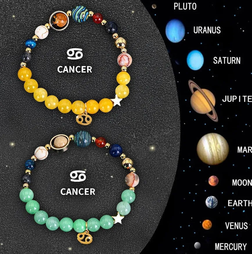 Two natural stone beaded bracelets with Chinese zodiac animal charms on an adjustable cord.