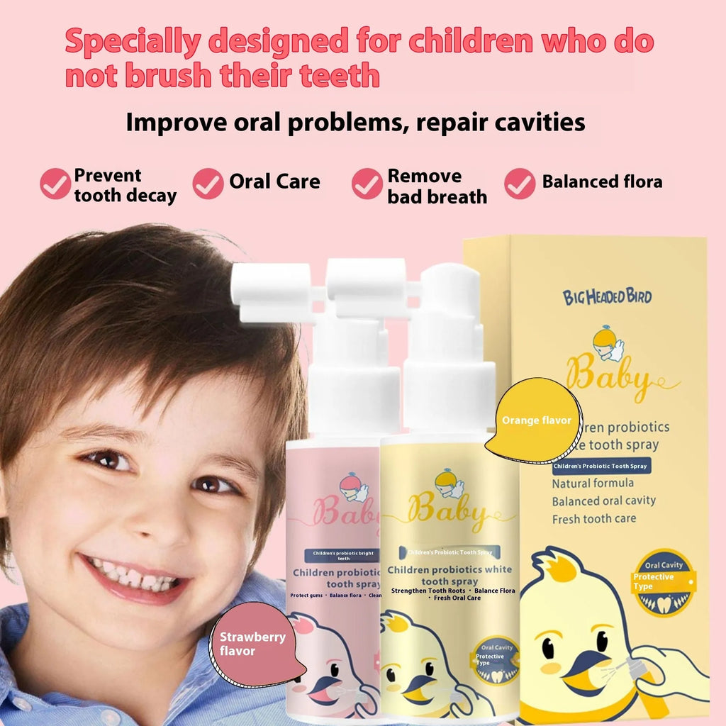 Children's probiotic teeth cleaning spray in 40ml bottle with strawberry and orange flavour options