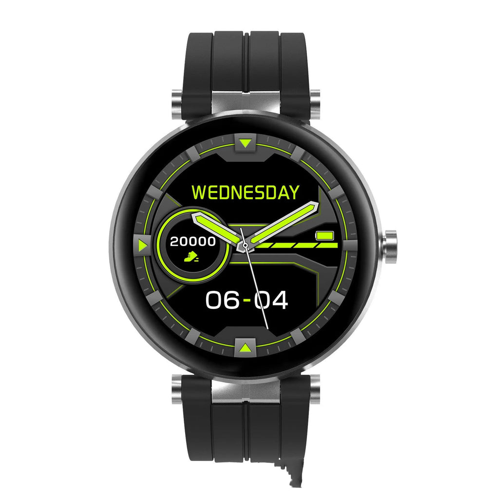 Smart watch with blood pressure and heart rate monitoring on a silicone wristband, shown in black, pink, and silver colour options.
