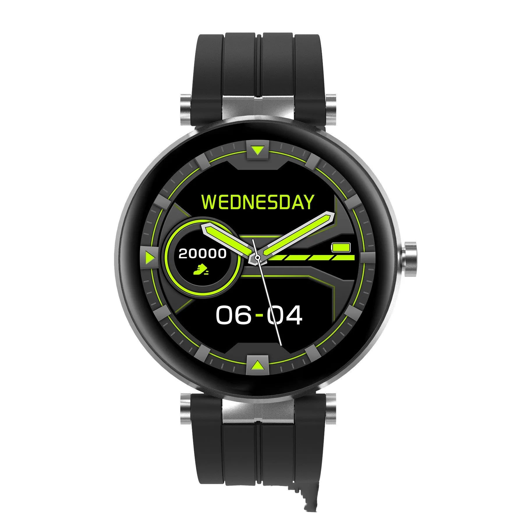 Smart watch with blood pressure and heart rate monitoring on a silicone wristband, shown in black, pink, and silver colour options.