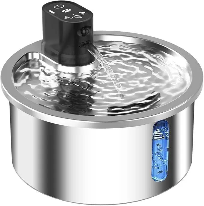White heated pet water fountain for cats and dogs with stainless steel pump and temperature control base.