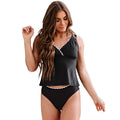 Black solid colour women's split bikini swimsuit set on a mannequin.