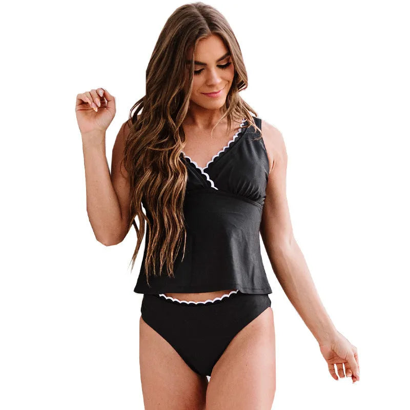 Black solid colour women's split bikini swimsuit set on a mannequin.