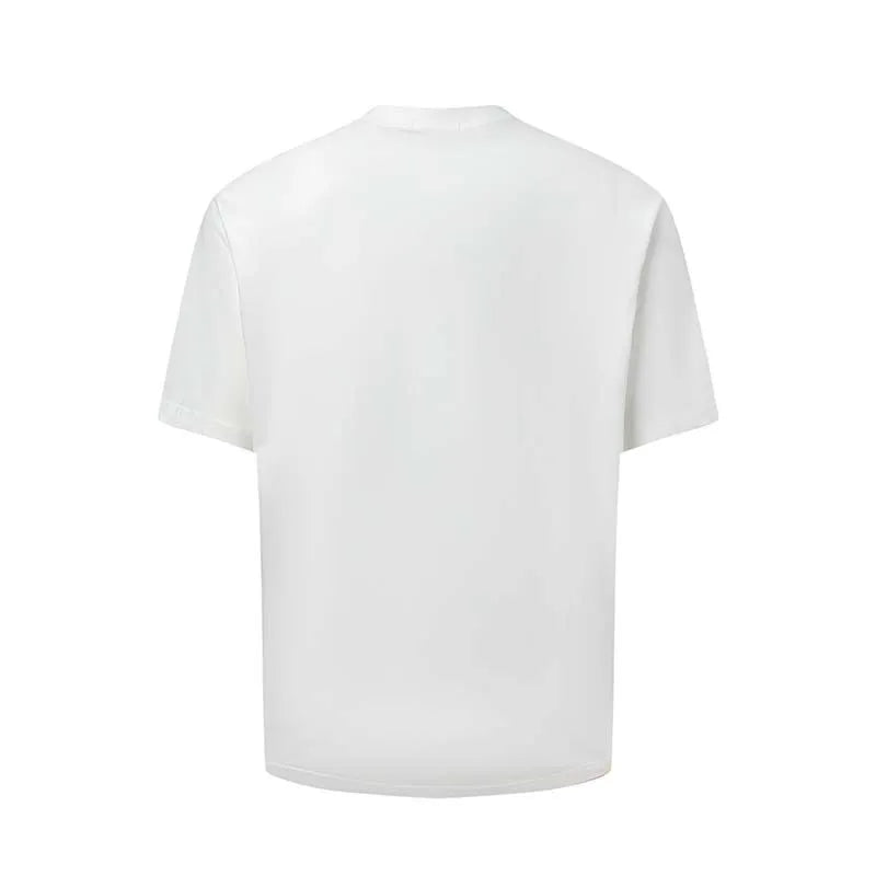 Man wearing a blue loose-fit American retro t-shirt with a white letter print design.