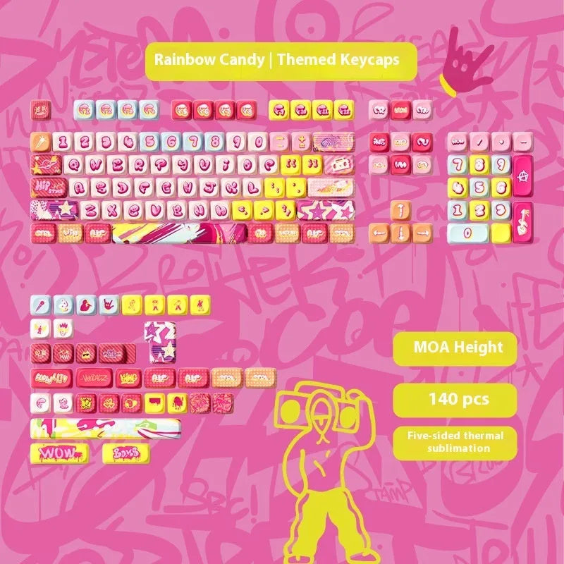 Full set of sublimation printed cartoon pig party theme keycaps for mechanical keyboard