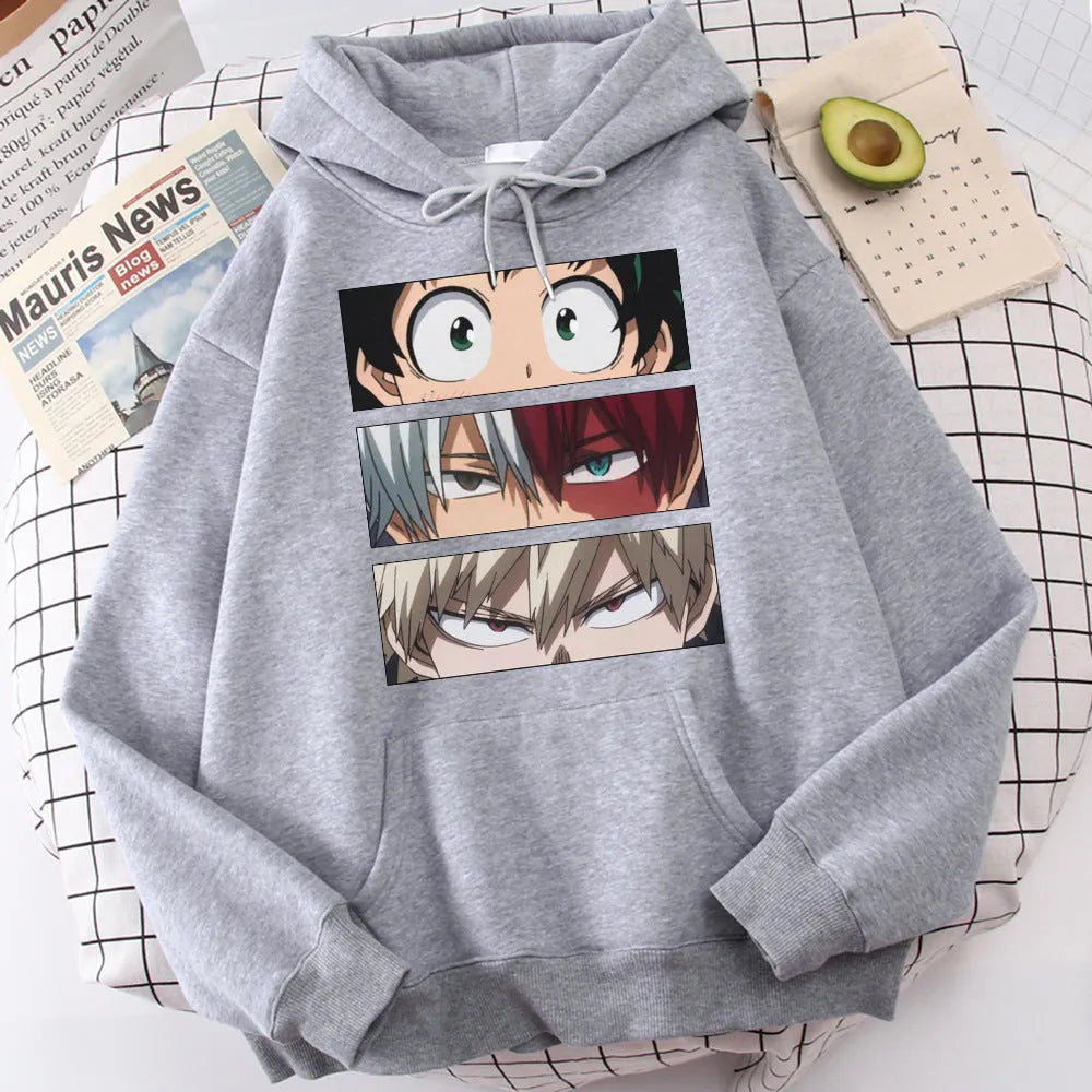 Unisex loose hoodie sweater with three eyes print in black, long sleeves, polyester fabric, front view