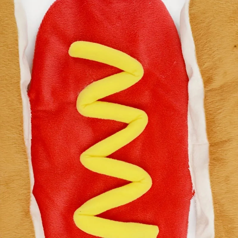 Brown and beige stuffed hot dog costume on a small dog, showing S M L sizes for pet parties.
