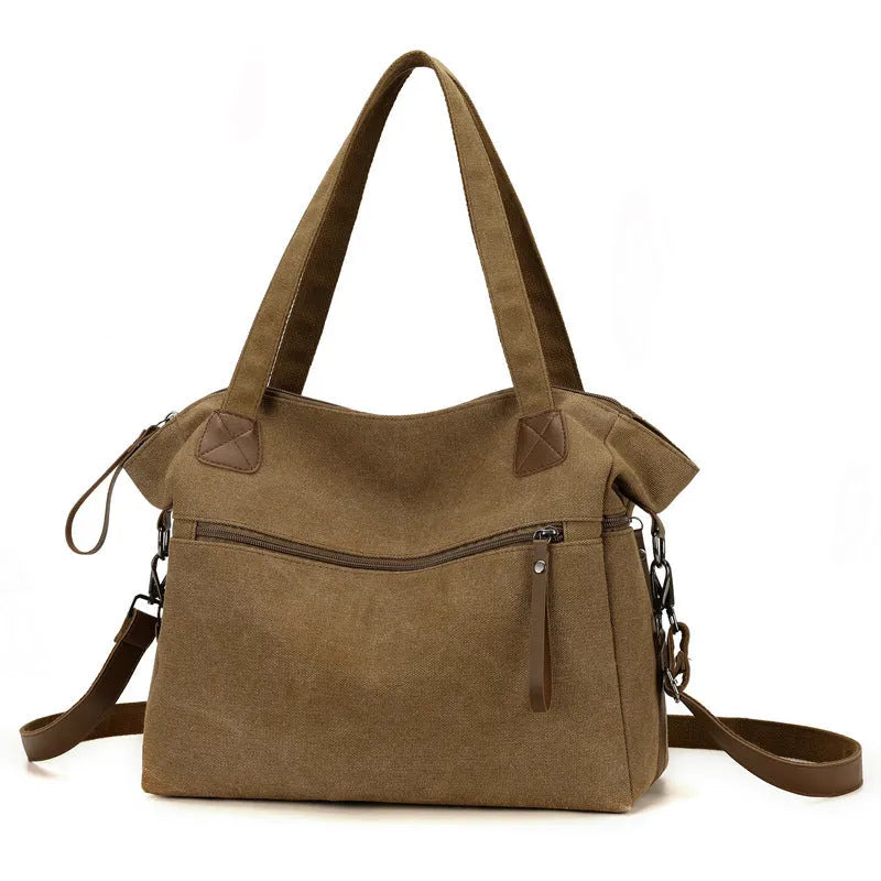 Large capacity soft canvas shoulder bag in khaki with horizontal square shape and outer sandwich pocket