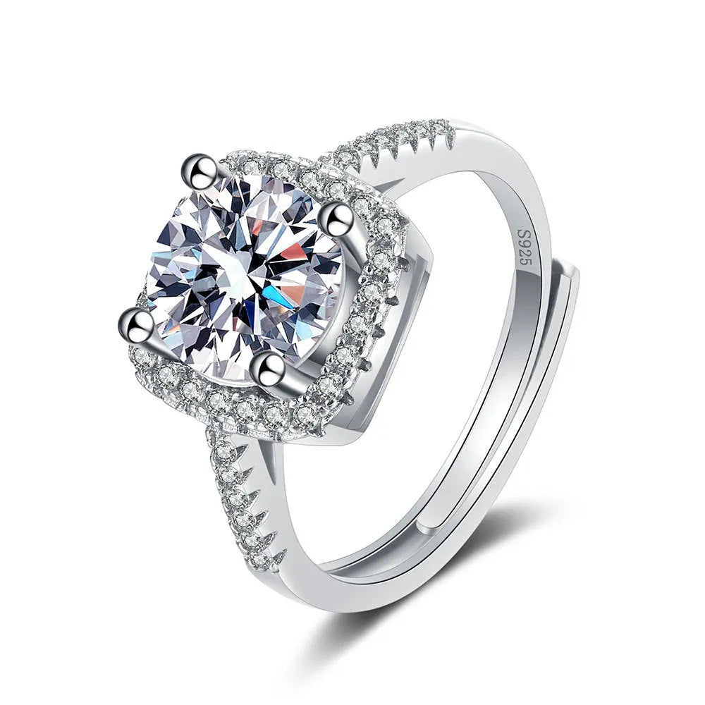 Silver adjustable moissanite ring with four-claw micro-inlaid square bag setting, geometric shape, women's ring