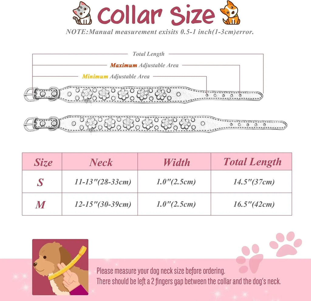 Decorative black PU leather dog collar with studded rhinestone flower pattern and silver metal D-ring.