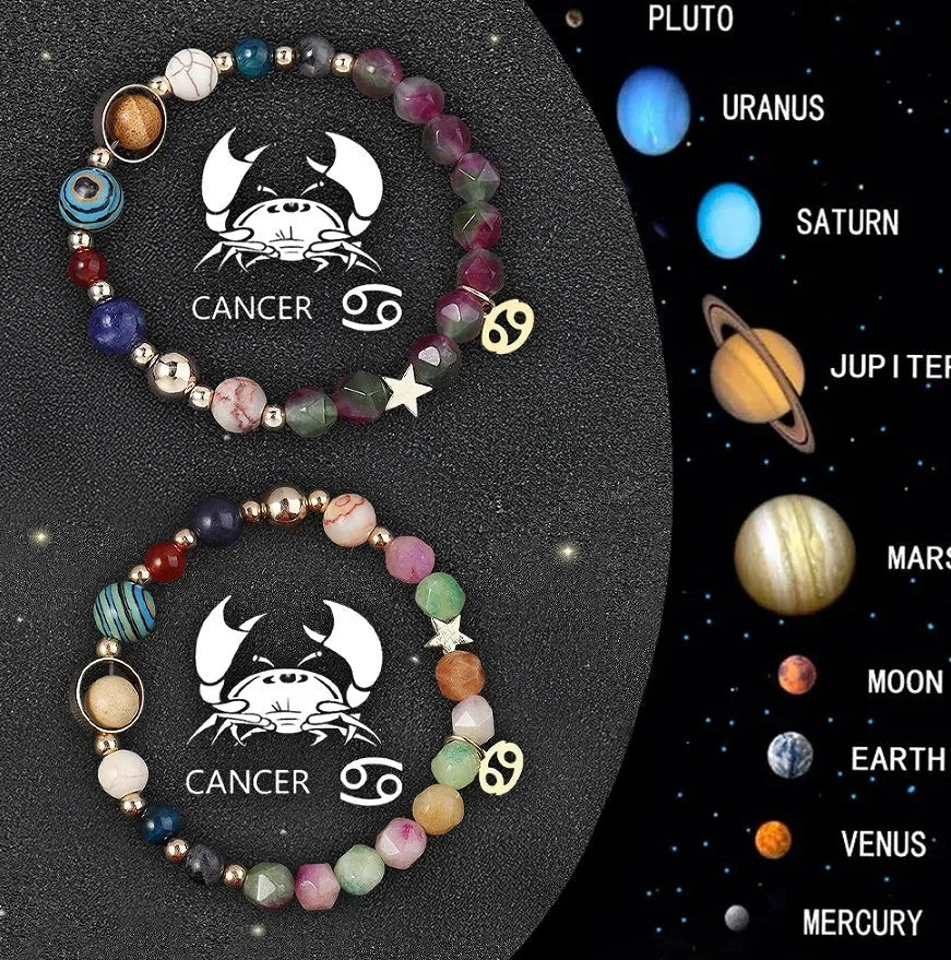 Natural stone beaded bracelets showing zodiac sign designs for complete astrological collection