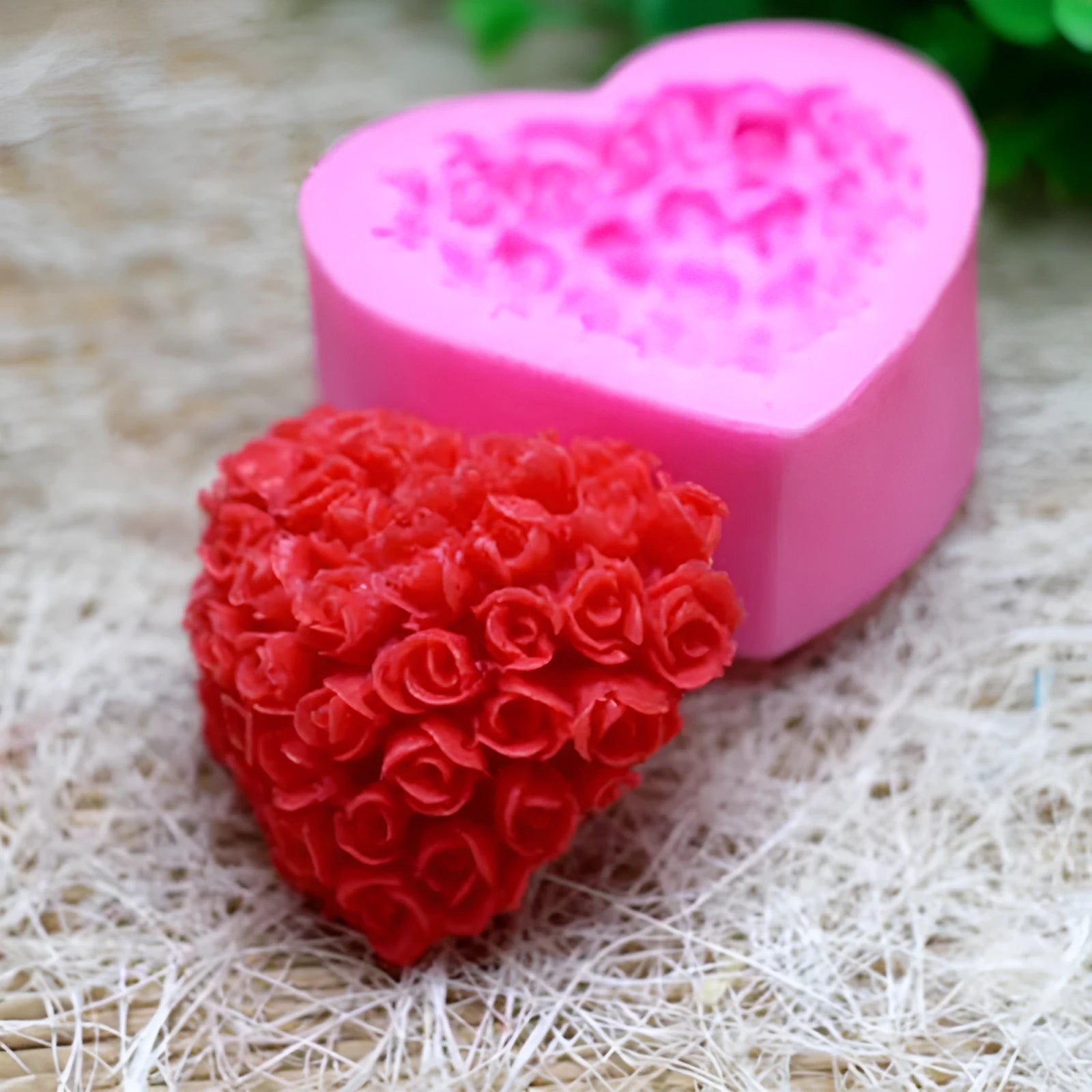Pink silicone mould shaped like a love rose for Valentine's Day baking and crafting
