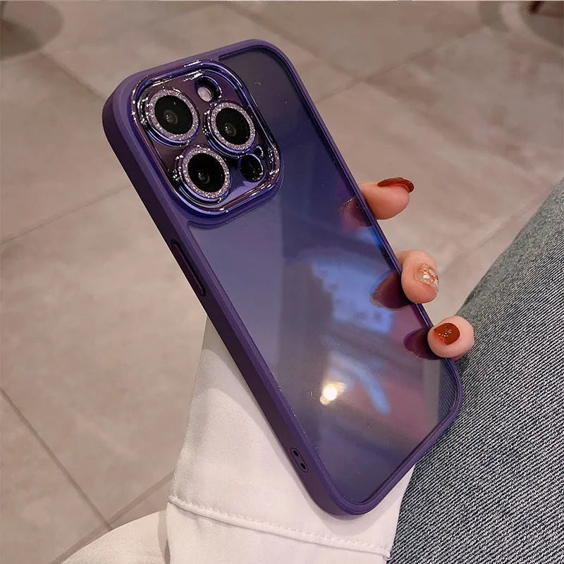 Electroplated glitter lens film full coverage phone case for iPhone, dark purple colour