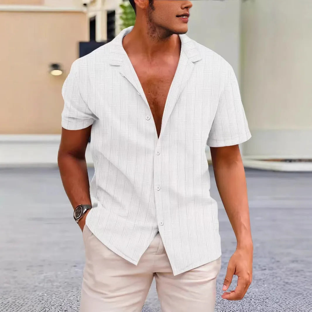 Corduroy short sleeve summer shirt in solid colour with British style cardigan design