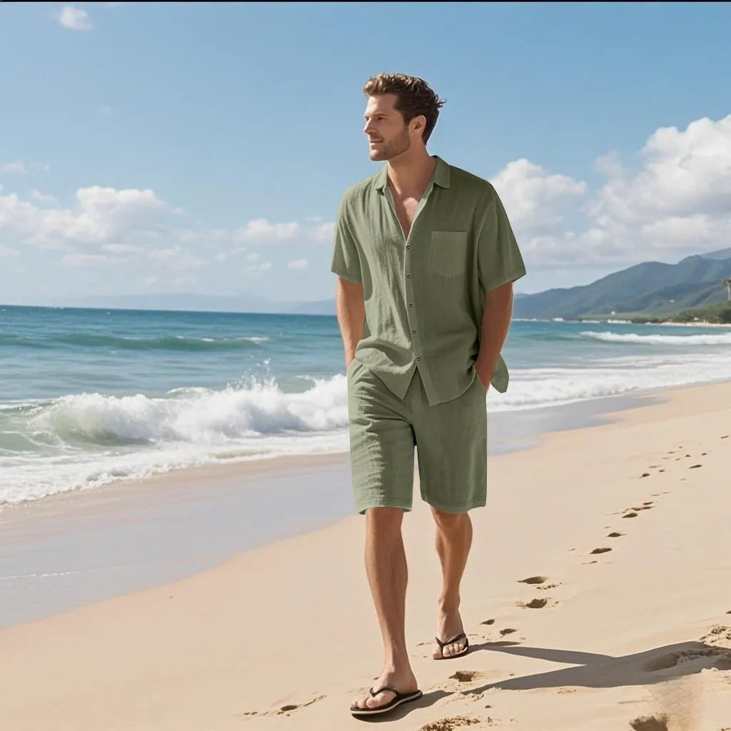 Linen blend short sleeve shirt and shorts beach suit set shown in light blue colour.