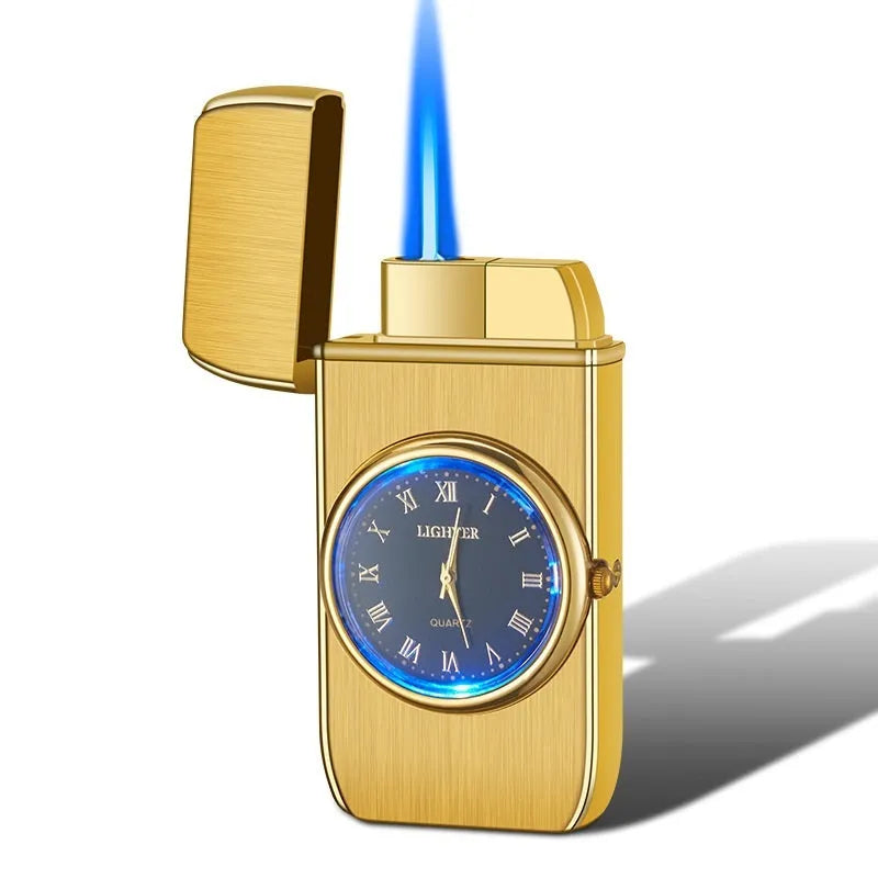 Multifunctional electronic watch cigarette lighter with LED lamp in metal body showing different finish options