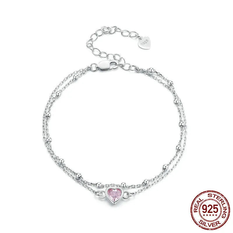 Women's sweet style 925 sterling silver bracelet with a 6mm heart pendant on an adjustable chain.