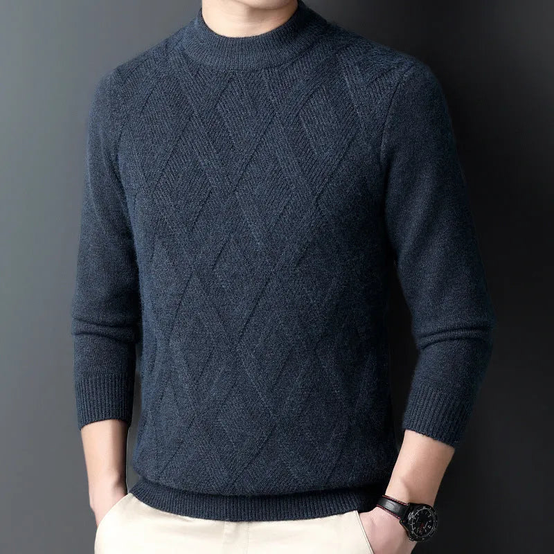 Men's diamond jacquard wool blend winter sweater in light camel colour on a hanger