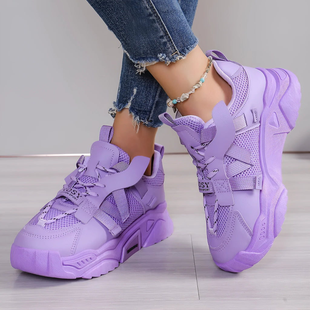 Women's platform mesh dad shoes in multiple colours with animal pattern design and lace-up front