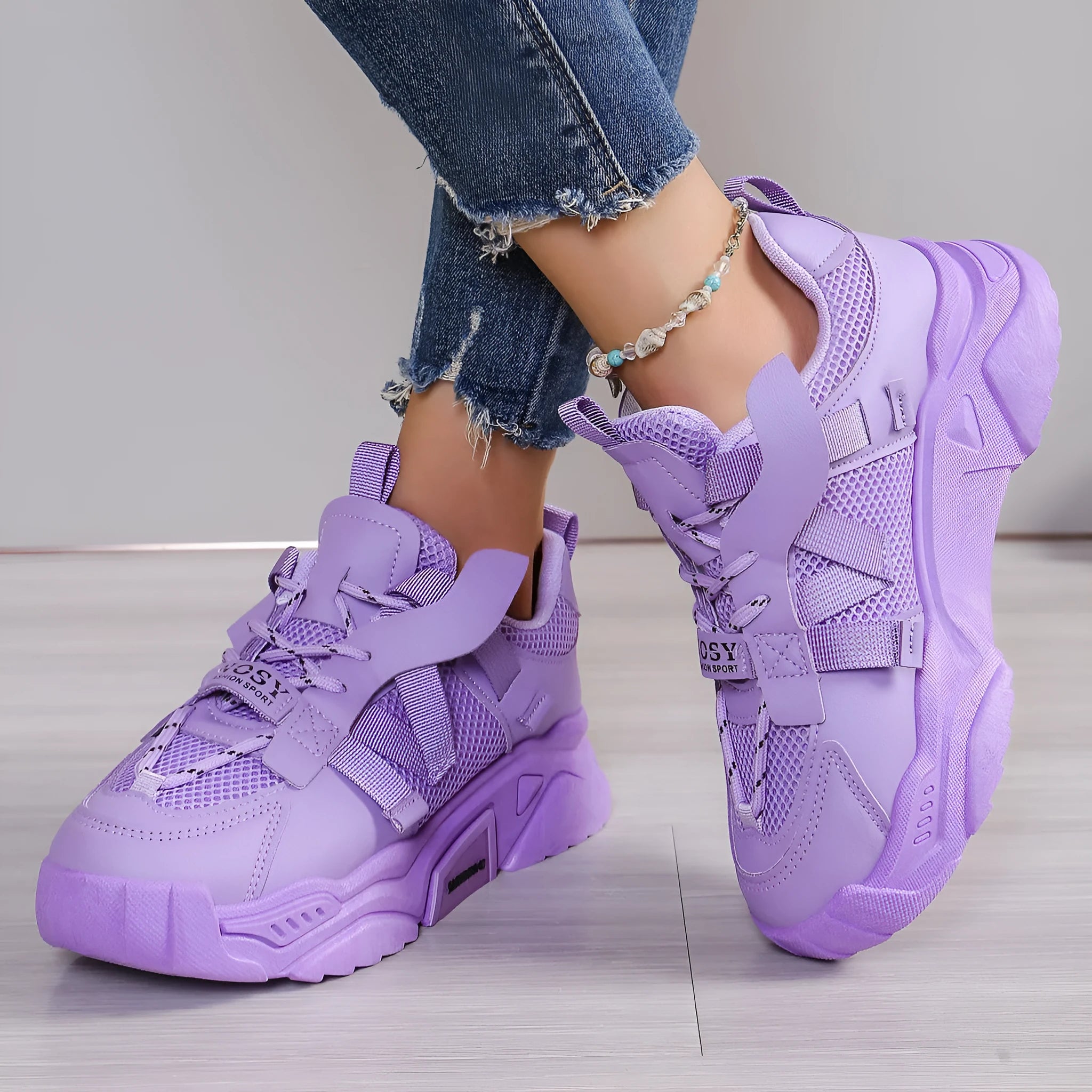 Women's platform mesh dad shoes in multiple colours with animal pattern design and lace-up front