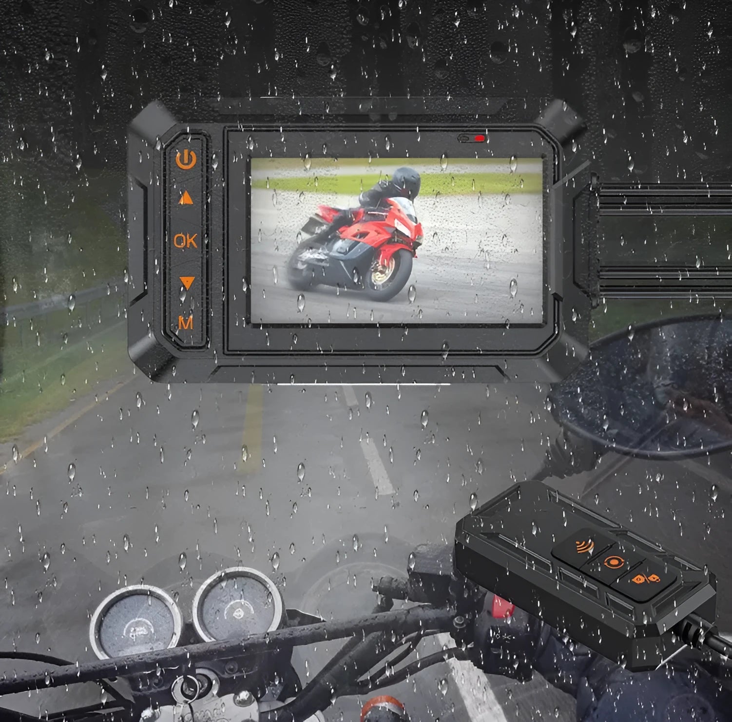 MT65 motorcycle camera with 3-inch display shown mounted on a bike armrest