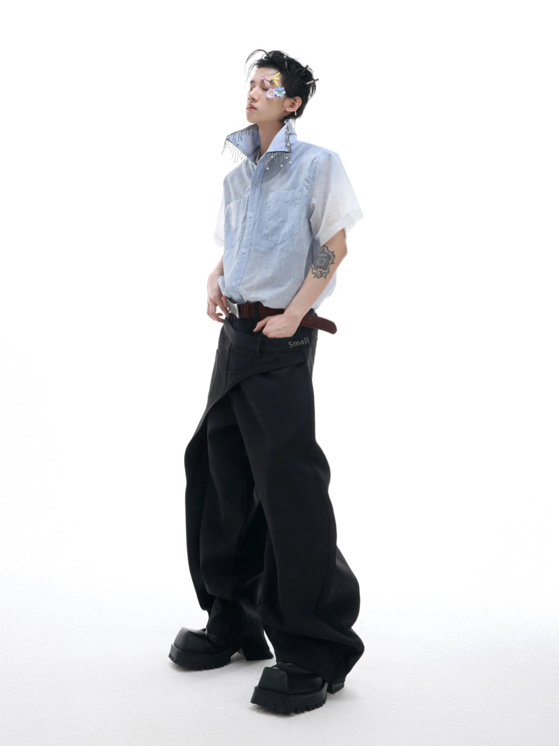 Blue and white gradient colour block men's loose fit short sleeve shirt