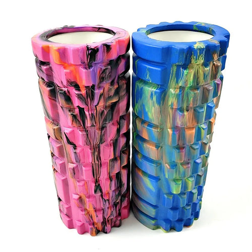 33cm camouflage pattern EVA foam roller in blue green yellow colour shown on gym floor