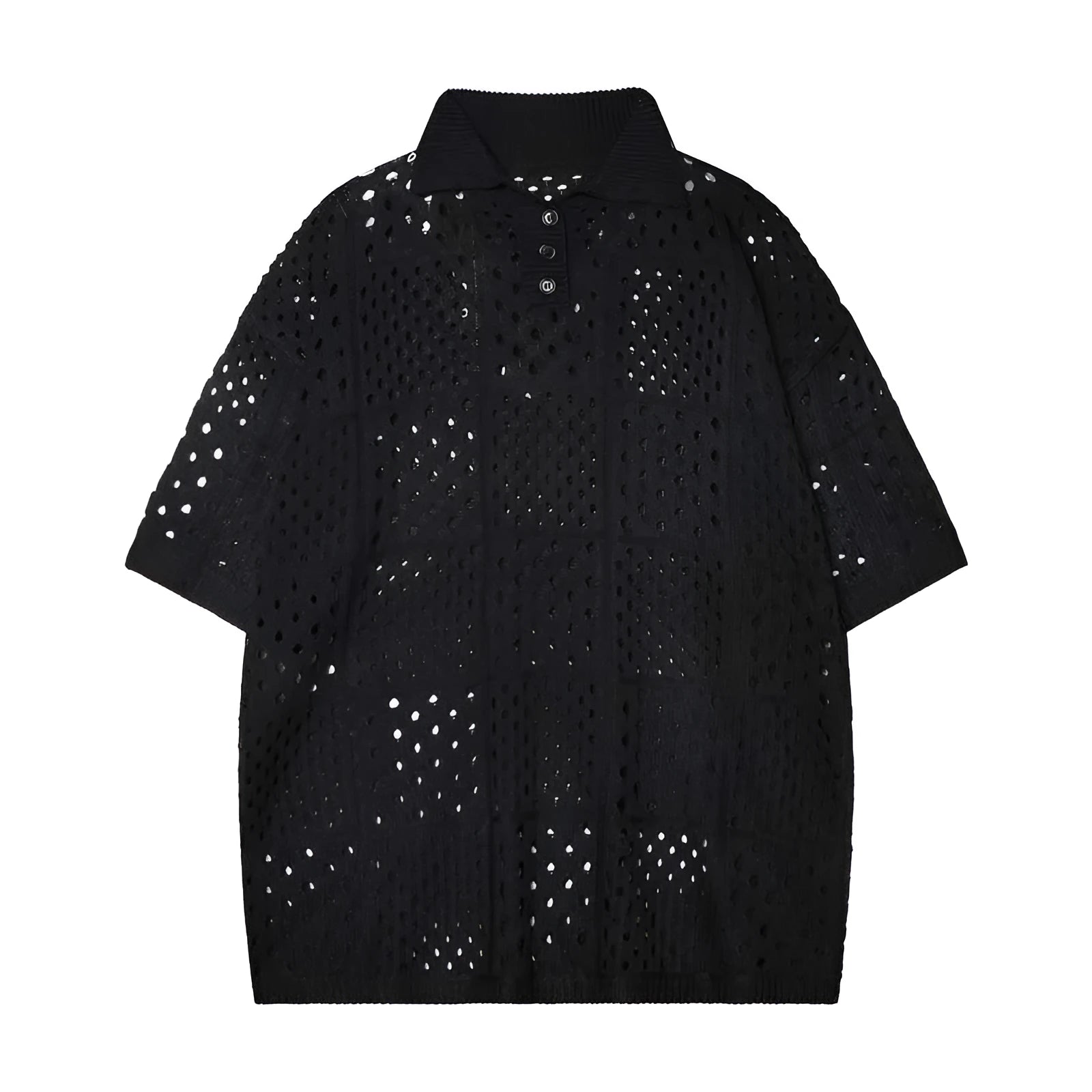 Teenager wearing a solid black loose-fit short-sleeved polo shirt with a hollow knitted texture.