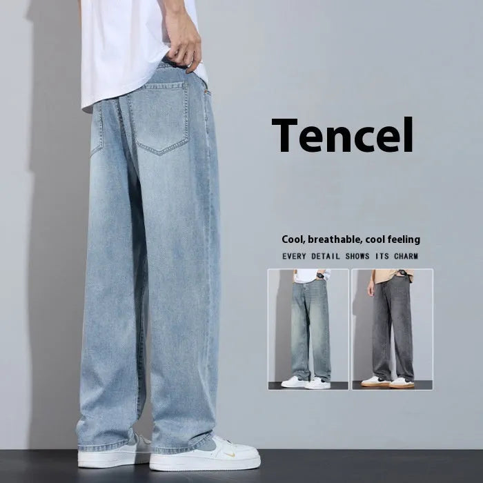 Straight-leg denim casual trousers in thin fabric on a hanger.
