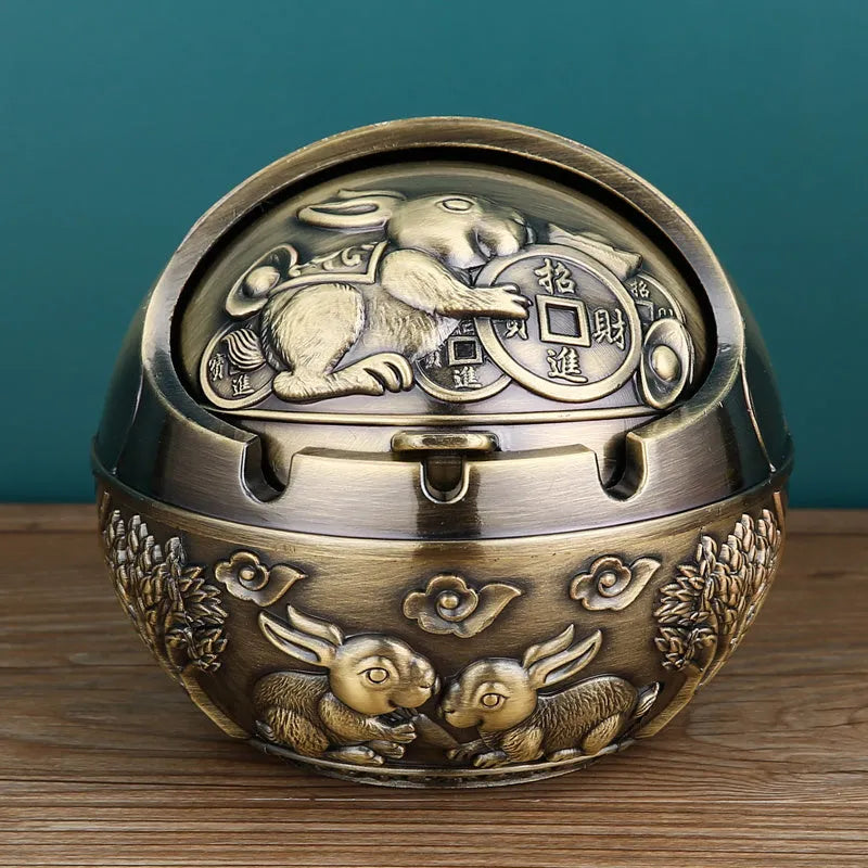 Creative alloy ashtray in bronze with smoke extinguishing slot, featuring a detailed Money Tree design.
