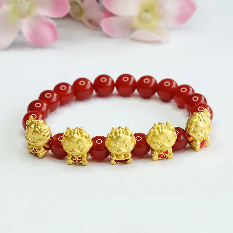Natural red agate bracelet with Five Blessing Dragon design measuring 8mm diameter