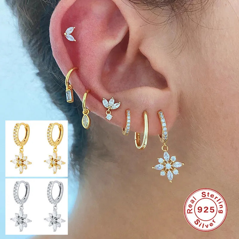 S925 sterling silver diamond snowflake pendant earrings in yellow gold and white gold colour options