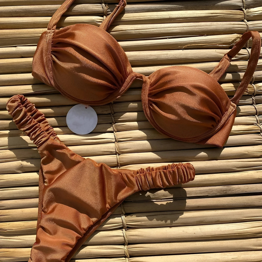 Women's underwire bikini swimsuit set in khaki, shown in a briefs style for fitness and swimming.