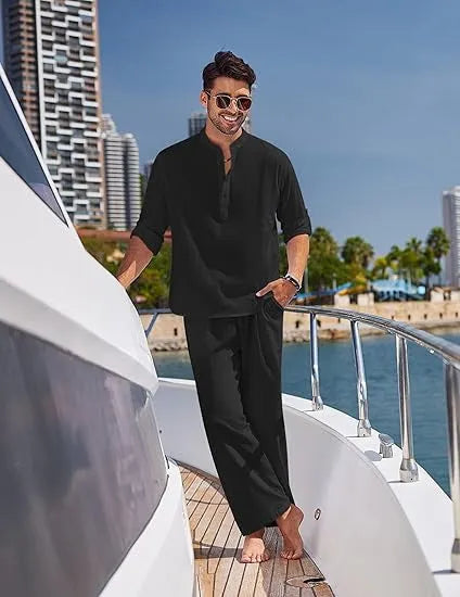 Men's casual cotton trousers suit in a solid colour, showing long sleeve top and matching trousers